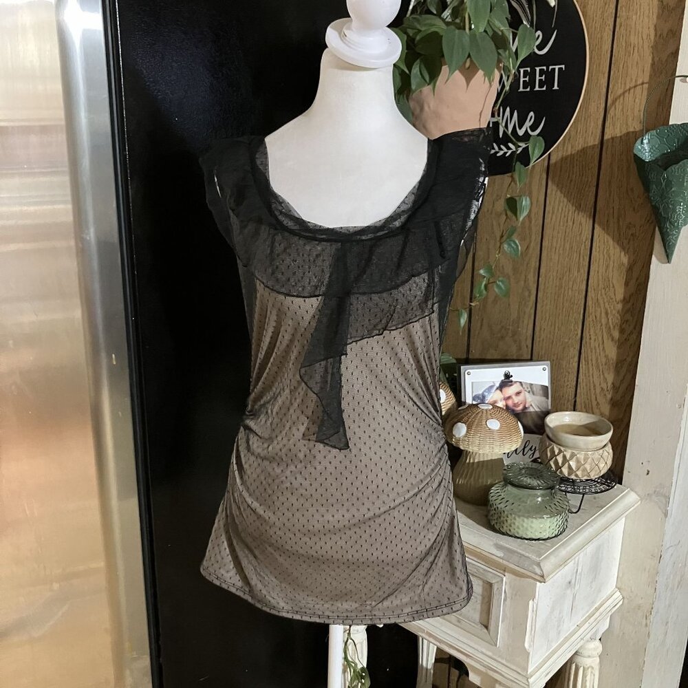 NWT Maurices Sheer Black Polka Dot Mesh Sleeveless Top With Ruffle Details Mediu